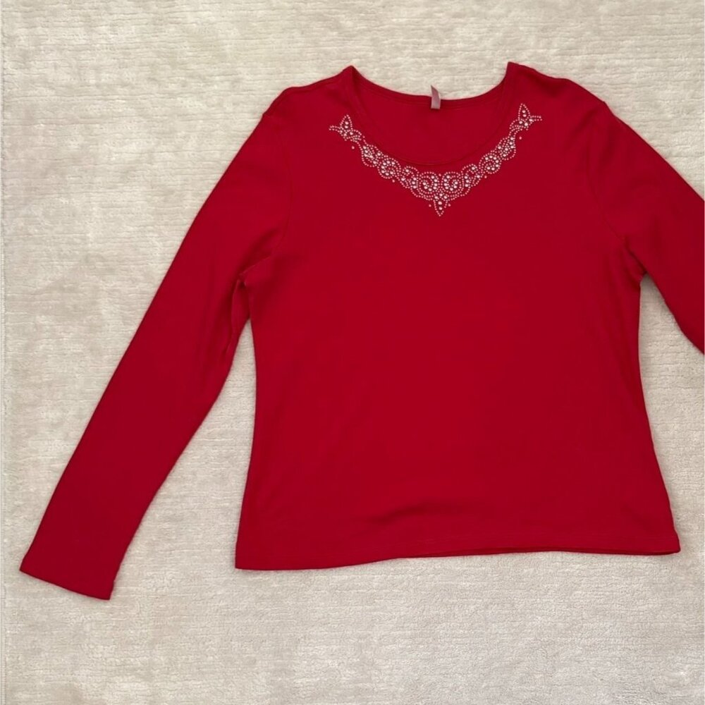 Y2K White Stag Size XL16-18 Red Top Silver Embellished Long Sleeve Grannycore